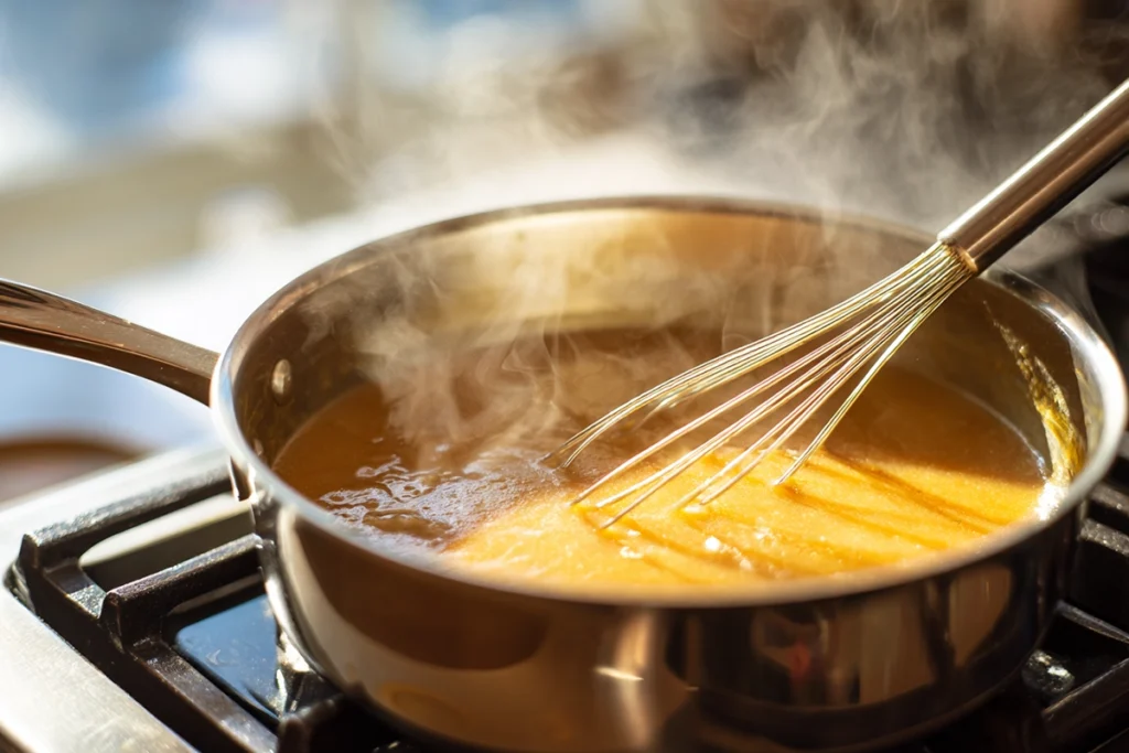 How to Make Japanese Curry at Home: The Cozy Comfort Food You’ll Crave All Year 10 Close-up of Japanese curry roux bubbling in a saucepan with golden color under natural daylight.