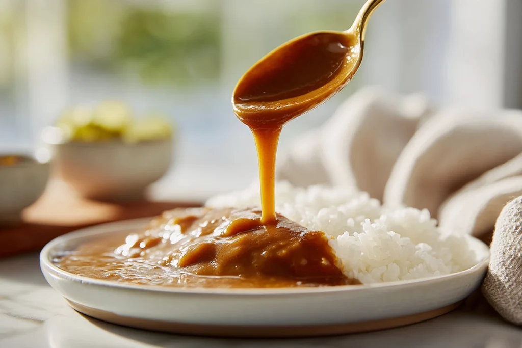 How to Make Japanese Curry at Home: The Cozy Comfort Food You’ll Crave All Year 11 Ladling Japanese curry over rice on a white plate in a modern kitchen with natural light and soft shadows.