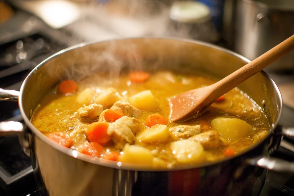 How to Make Japanese Curry at Home: The Cozy Comfort Food You’ll Crave All Year 9 Japanese curry simmering in a pot with chicken, carrots, and potatoes under bright natural daylight.