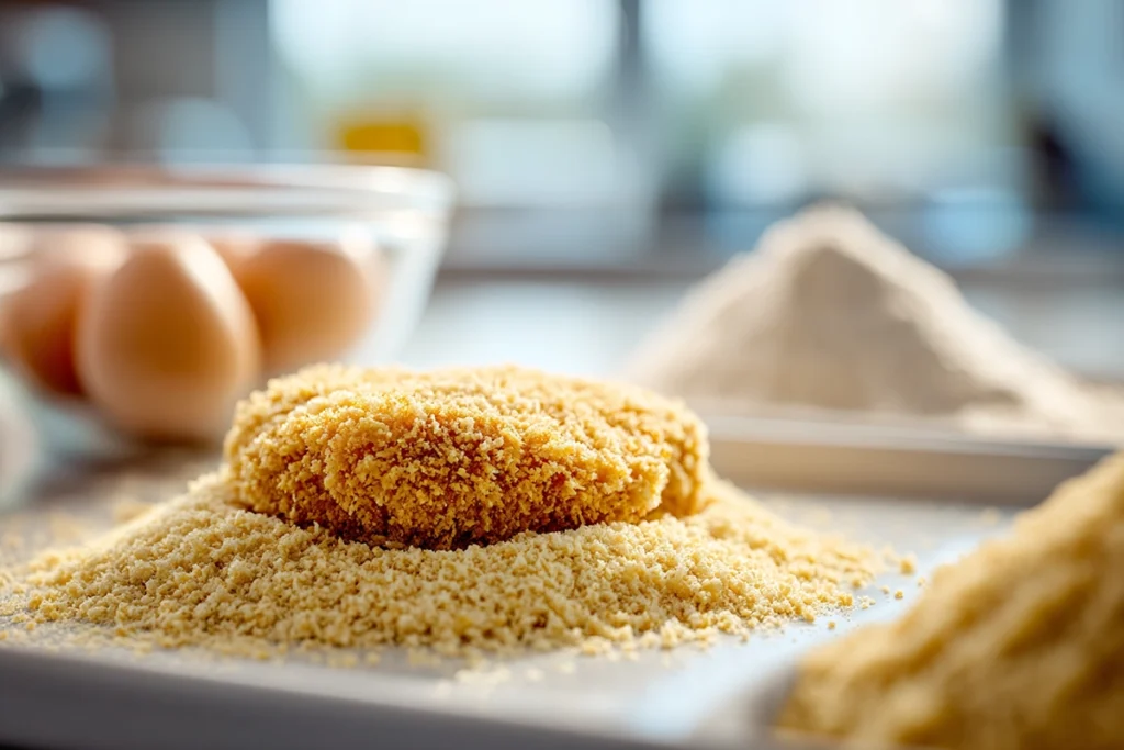 breading japanese katsu cutlet with flour egg and panko