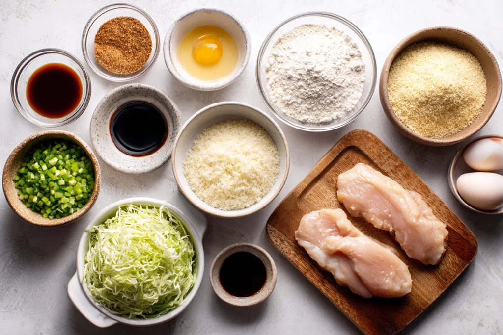 ingredients for japanese katsu bowl displayed in overhead flat lay