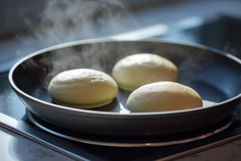 Fluffy Japanese Pancakes: How to Make the Jiggly Soufflé Pancakes Everyone’s Talking About 10 Japanese pancakes cooking in round molds on a nonstick pan with soft steam and daylight lighting.