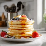 Fluffy Japanese Pancakes: How to Make the Jiggly Soufflé Pancakes Everyone’s Talking About 7 Fluffy Japanese pancakes stacked on a white plate with butter, syrup, and berries in a modern kitchen setting.