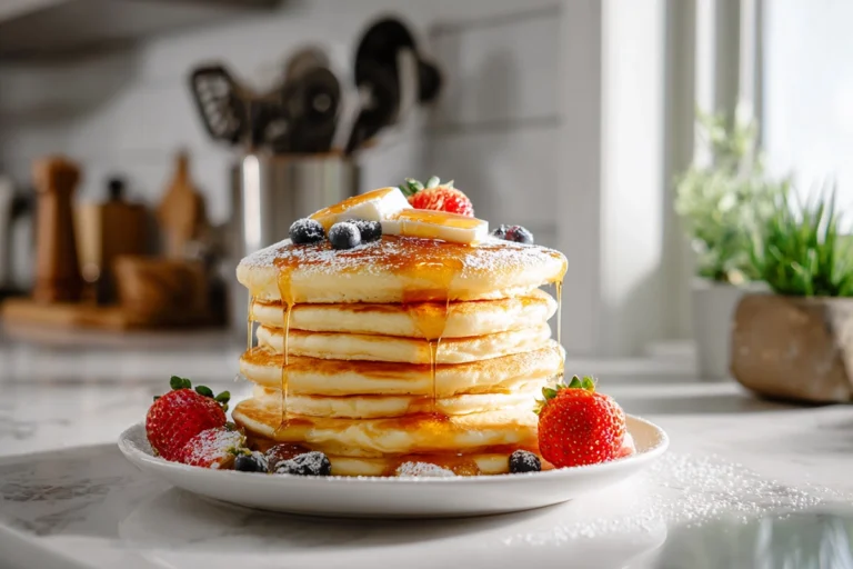Fluffy Japanese pancakes stacked on a white plate with butter, syrup, and berries in a modern kitchen setting.