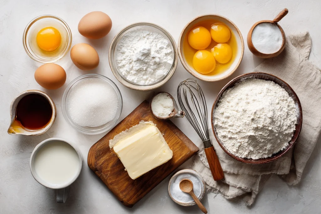 Fluffy Japanese Pancakes: How to Make the Jiggly Soufflé Pancakes Everyone’s Talking About 8 Overhead view of Japanese pancakes ingredients including eggs, flour, milk, and sugar arranged neatly in glass bowls.