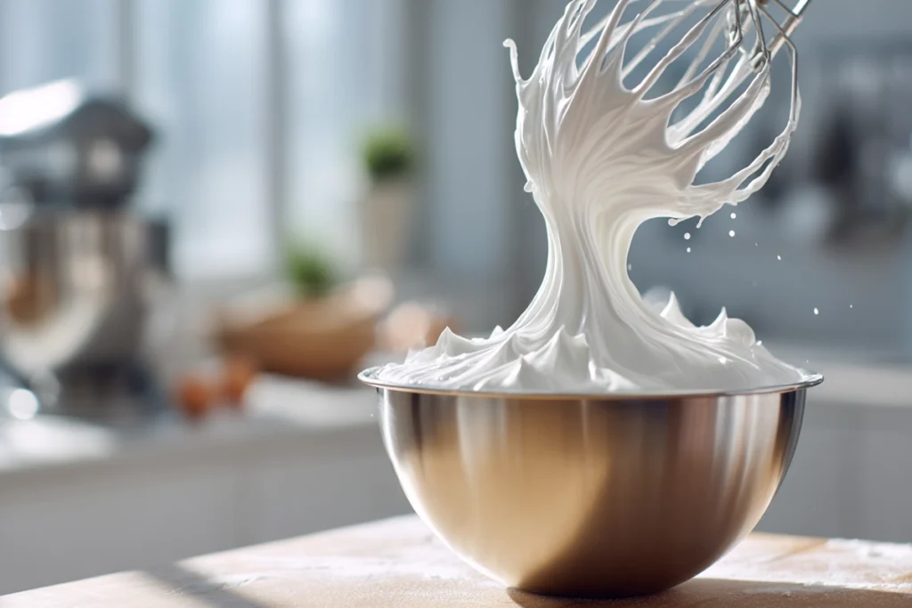Fluffy Japanese Pancakes: How to Make the Jiggly Soufflé Pancakes Everyone’s Talking About 9 Close-up of stiff meringue peaks being whipped for Japanese pancakes in a modern kitchen.