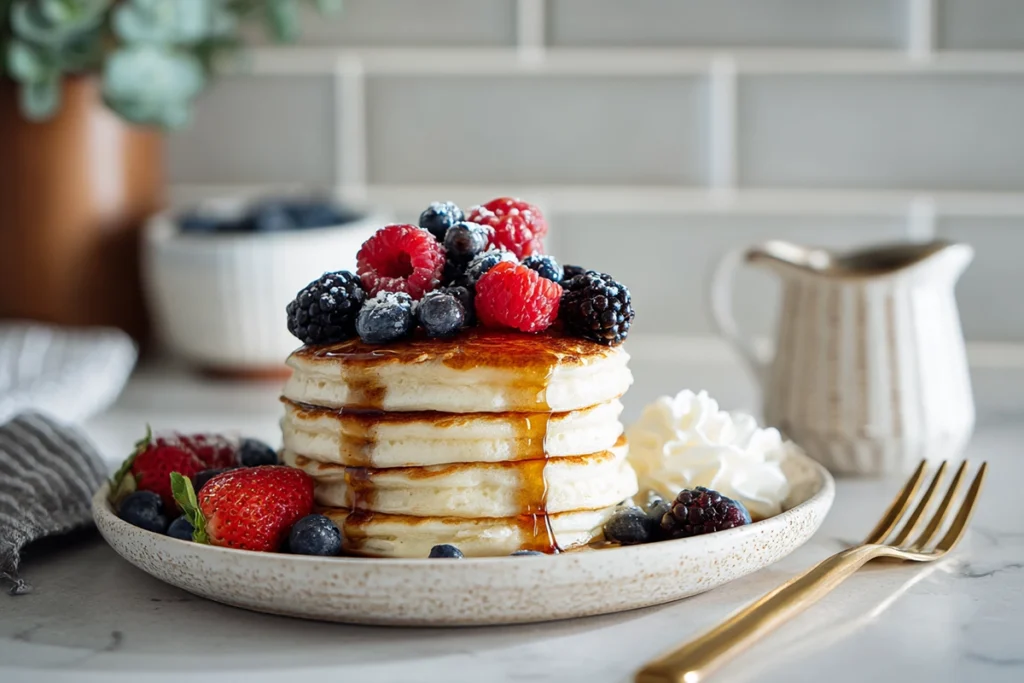 Fluffy Japanese Pancakes: How to Make the Jiggly Soufflé Pancakes Everyone’s Talking About 11 Fluffy Japanese pancakes served with syrup, whipped cream, and berries on a clean kitchen counter.
