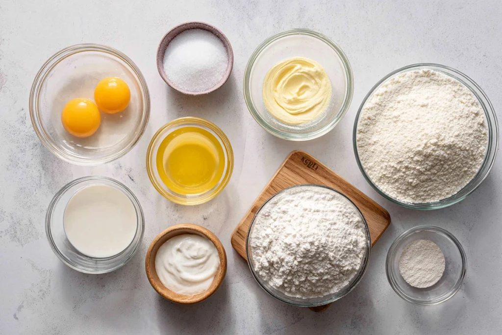 Ingredients for Japanese soufflé pancakes measured and ready to use