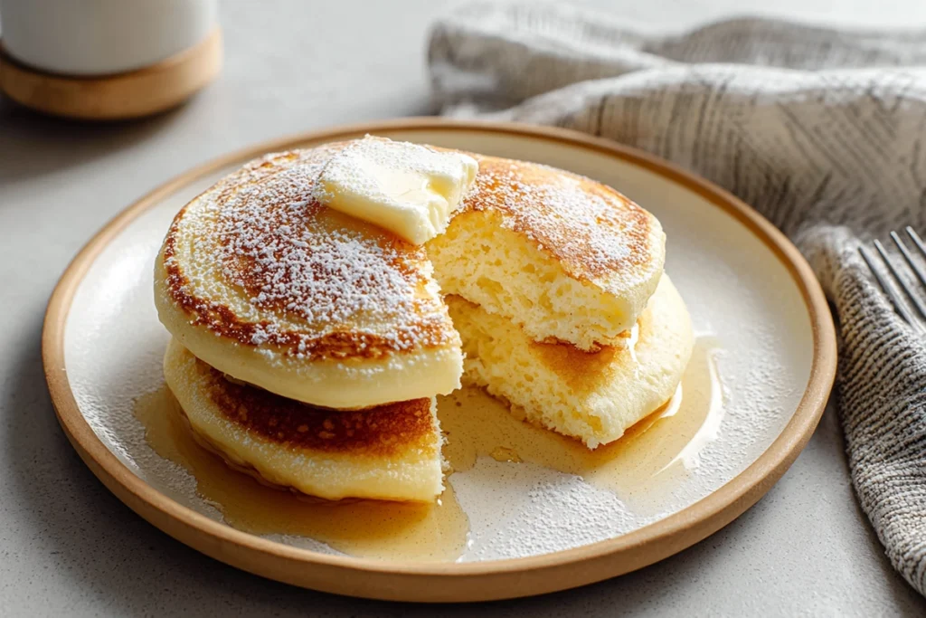 Inside view of Japanese soufflé pancakes showing fluffy texture