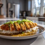 The Ultimate Katsu Curry Recipe: A Comforting Japanese Classic You’ll Crave Again and Again 7 Katsu Curry served on white plate with rice and golden fried cutlet topped with Japanese curry sauce, photorealistic 8K food photography.