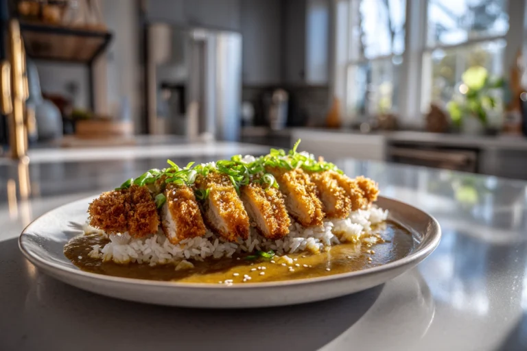 Katsu Curry served on white plate with rice and golden fried cutlet topped with Japanese curry sauce, photorealistic 8K food photography.