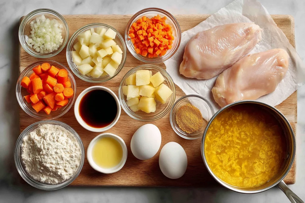 The Ultimate Katsu Curry Recipe: A Comforting Japanese Classic You’ll Crave Again and Again 8 Overhead shot of Katsu Curry ingredients arranged on modern kitchen counter with vegetables, chicken, spices, and curry roux.