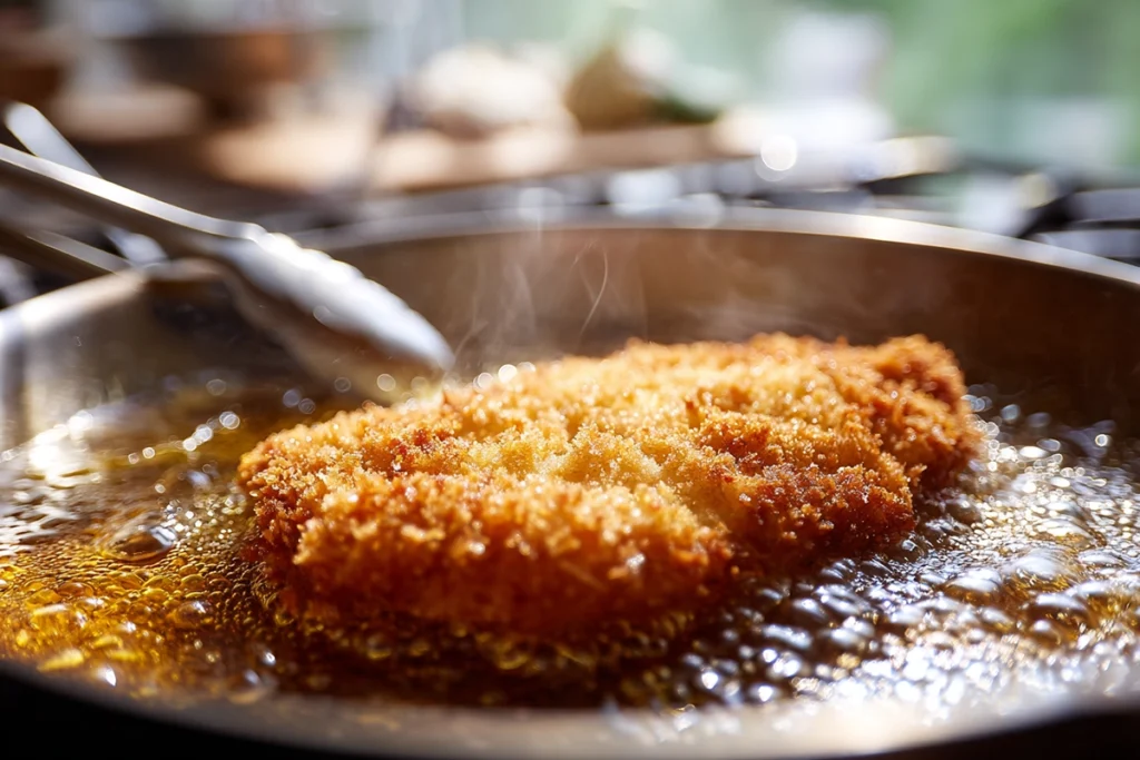 The Ultimate Katsu Curry Recipe: A Comforting Japanese Classic You’ll Crave Again and Again 10 Close-up of chicken katsu frying in golden oil for Katsu Curry, showing crispy panko crust in modern kitchen lighting.