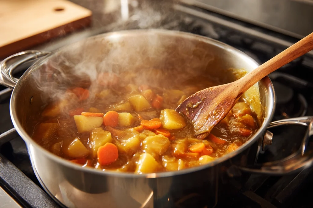 The Ultimate Katsu Curry Recipe: A Comforting Japanese Classic You’ll Crave Again and Again 9 Japanese curry sauce simmering in pot for Katsu Curry with visible vegetables, steam, and natural kitchen lighting.