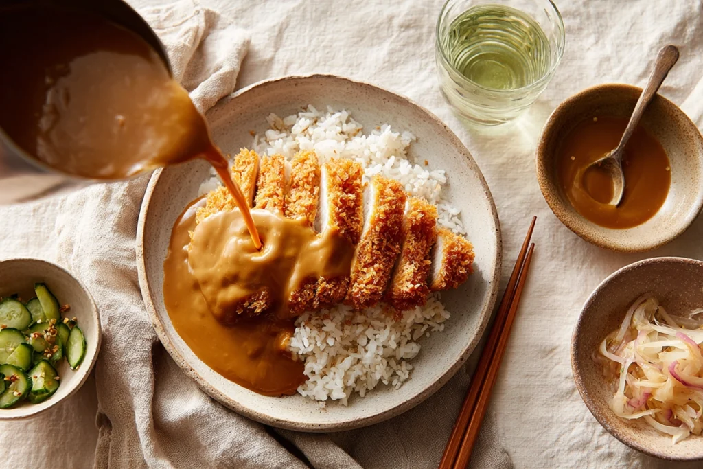 The Ultimate Katsu Curry Recipe: A Comforting Japanese Classic You’ll Crave Again and Again 11 Pouring Japanese curry sauce over crispy chicken katsu and rice for Katsu Curry, photorealistic overhead food photo.