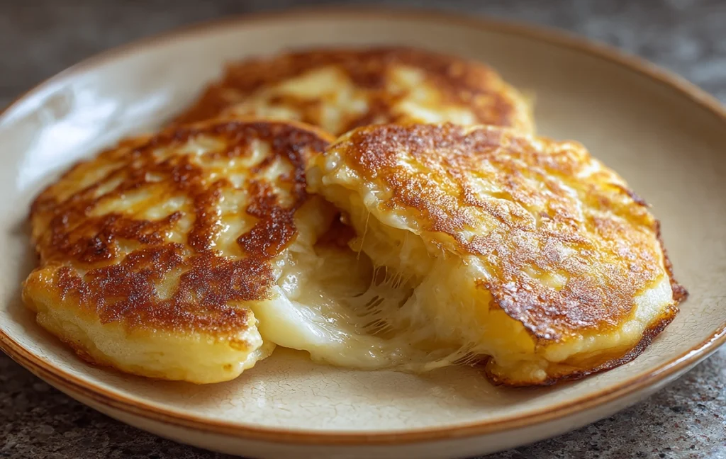 korean cheese potato pancakes cut open with melted cheese inside