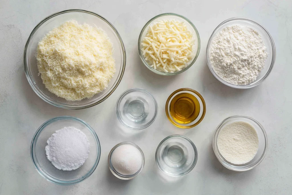 ingredients for korean cheese potato pancakes arranged neatly overhead