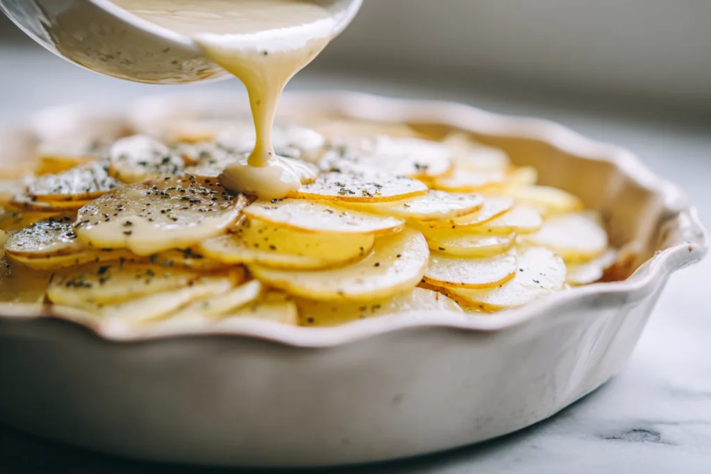 Creamy Scalloped Potatoes That Melt in Your Mouth Every Time 10 layering sliced potatoes and cream sauce in a casserole for creamy scalloped potatoes