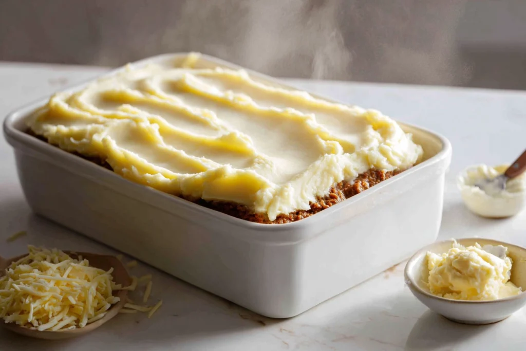 Meatloaf with Mashed Potatoes and Cheese – The Ultimate Comfort Casserole You’ll Crave 8 layering mashed potatoes over baked meatloaf before topping with cheese in bright modern kitchen