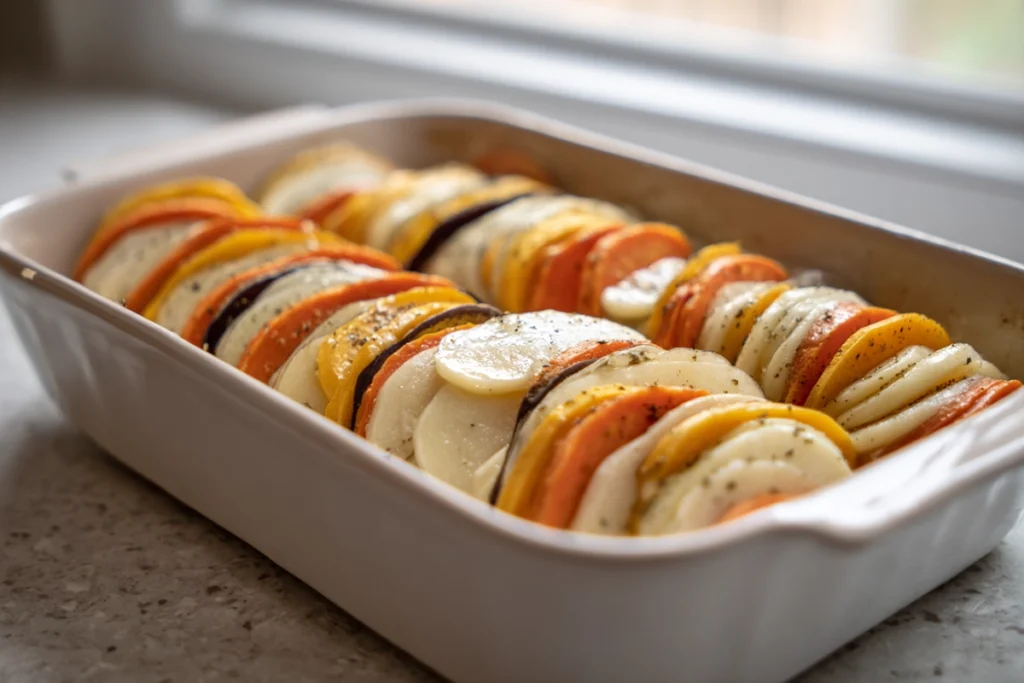 layering vegetables for cheesy root vegetable gratin before baking