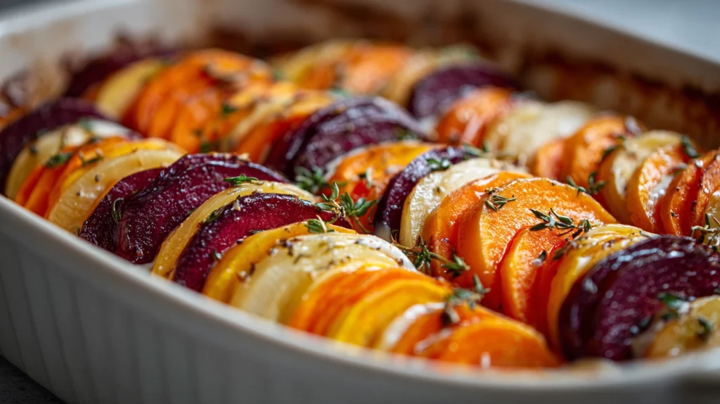 Cheesy Root Vegetable Gratin: A Golden, Creamy Comfort You’ll Crave 9 Close-up layering of sweet potatoes, parsnips, and beets for cheesy root vegetable gratin