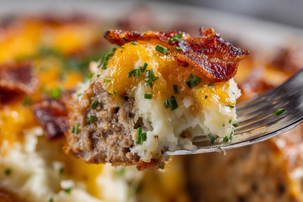 Meatloaf with Mashed Potatoes and Cheese – The Ultimate Comfort Casserole You’ll Crave 9 close-up of loaded meatloaf with mashed potatoes and cheese topped with bacon and chives