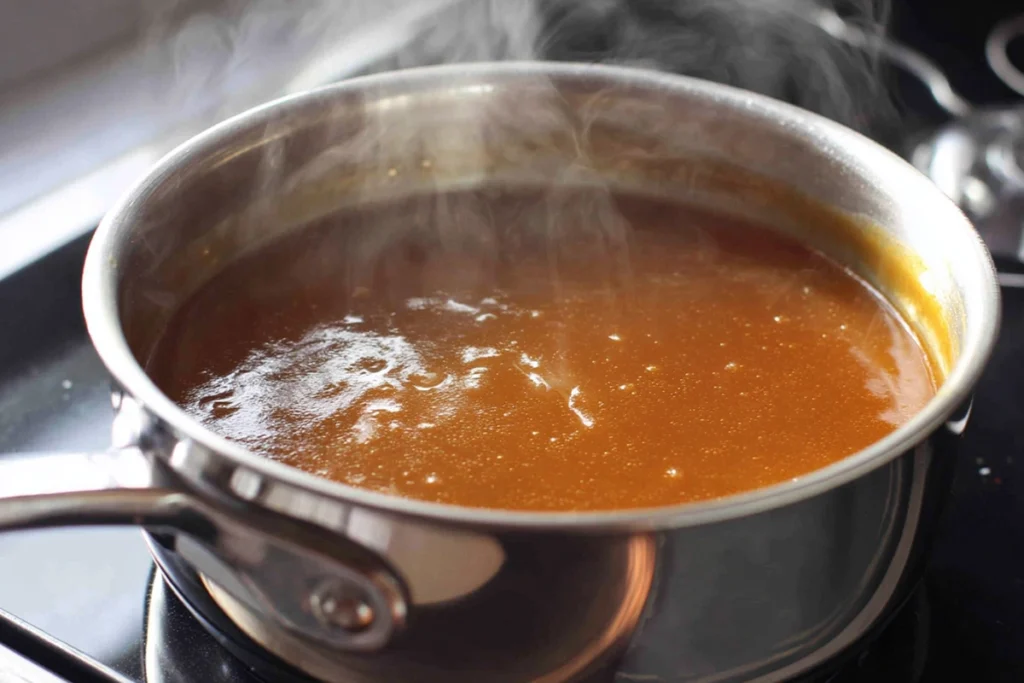 brown gravy thickening in a saucepan for authentic loco moco