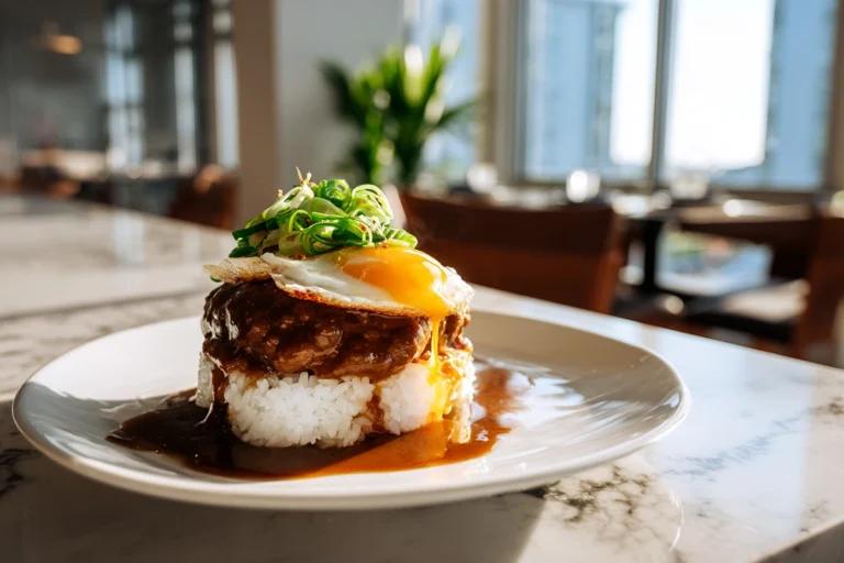 Authentic Loco Moco Recipe: A Taste of Hawaiian Comfort at Home 13 Photorealistic loco moco recipe plated with rice, beef patty, brown gravy, and fried egg in a modern kitchen setting.
