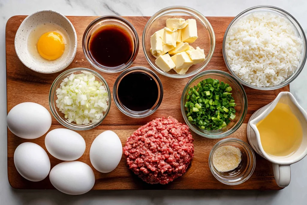 Authentic Loco Moco Recipe: A Taste of Hawaiian Comfort at Home 8 Overhead shot of loco moco recipe ingredients including ground beef, rice, eggs, onions, and gravy components in a bright modern kitchen.