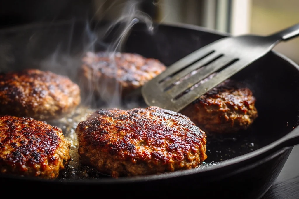 Authentic Loco Moco Recipe: A Taste of Hawaiian Comfort at Home 9 Close-up of beef patties cooking for loco moco recipe in a cast-iron skillet with natural light and steam.