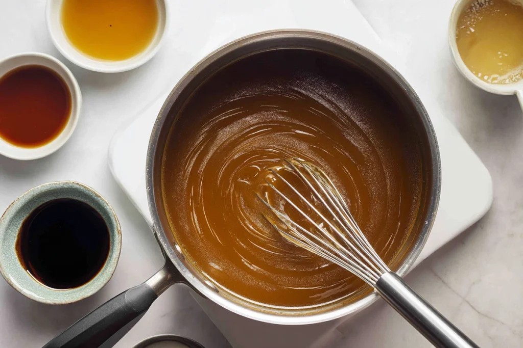 Authentic Loco Moco Recipe: A Taste of Hawaiian Comfort at Home 10 Overhead view of homemade brown gravy simmering for loco moco recipe with whisk stirring in modern kitchen lighting.