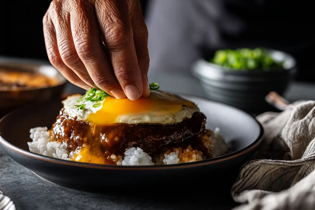 Authentic Loco Moco Recipe: A Taste of Hawaiian Comfort at Home 11 Fried egg being placed over rice and gravy in loco moco recipe plating process inside a modern bright kitchen.