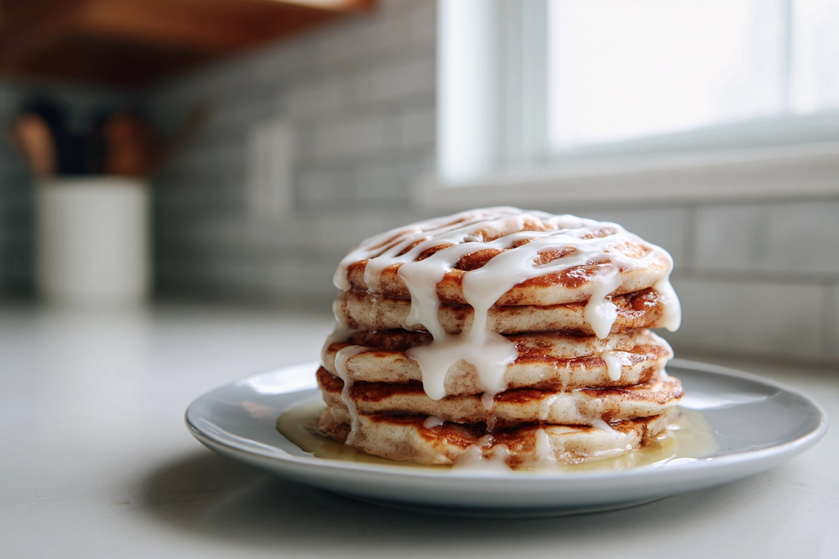Fluffy Vegan Cinnamon Roll Pancakes That Taste Like a Cozy Morning Hug 6 stack of fluffy vegan cinnamon roll pancakes topped with vegan glaze in modern kitchen