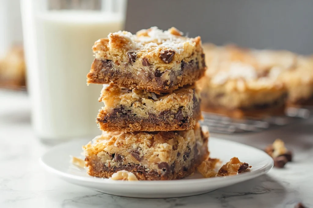 cooling magic cookie bars on tray with golden coconut topping and melted chocolate layers