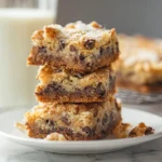 cooling magic cookie bars on tray with golden coconut topping and melted chocolate layers