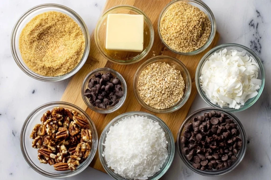 overhead shot of magic cookie bars ingredients in glass bowls on a wooden board