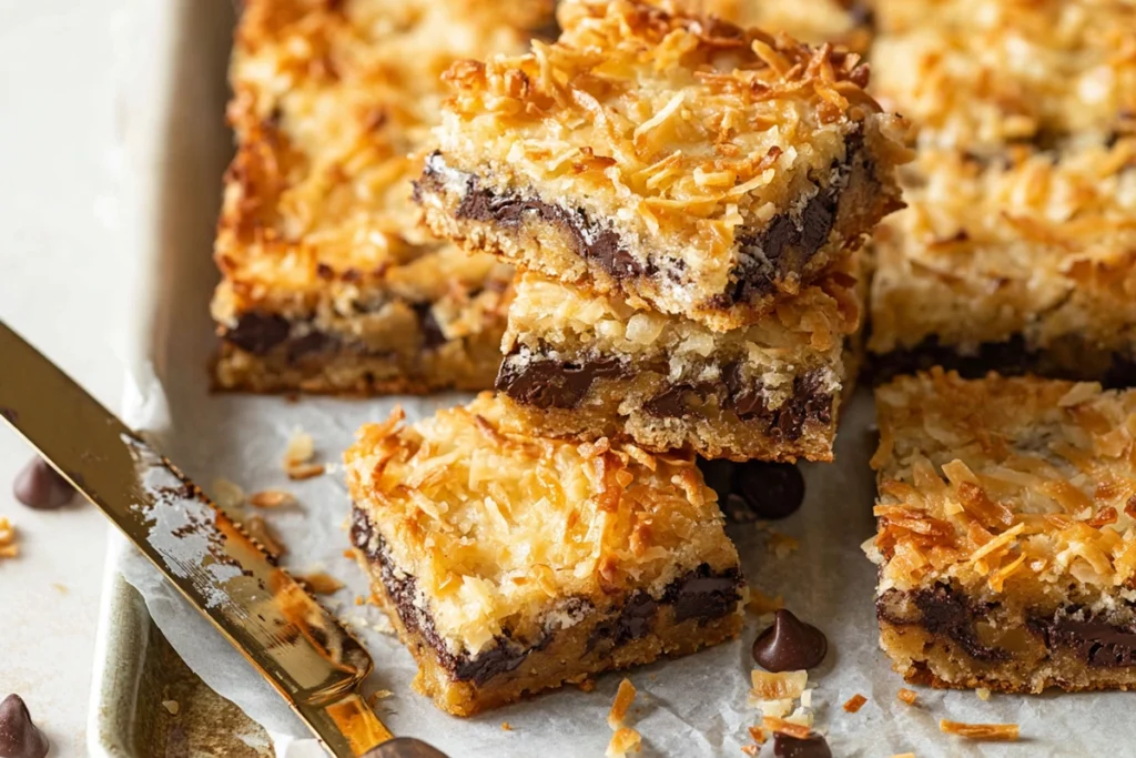 magic cookie bars served on a white plate with a glass of milk in modern kitchen light