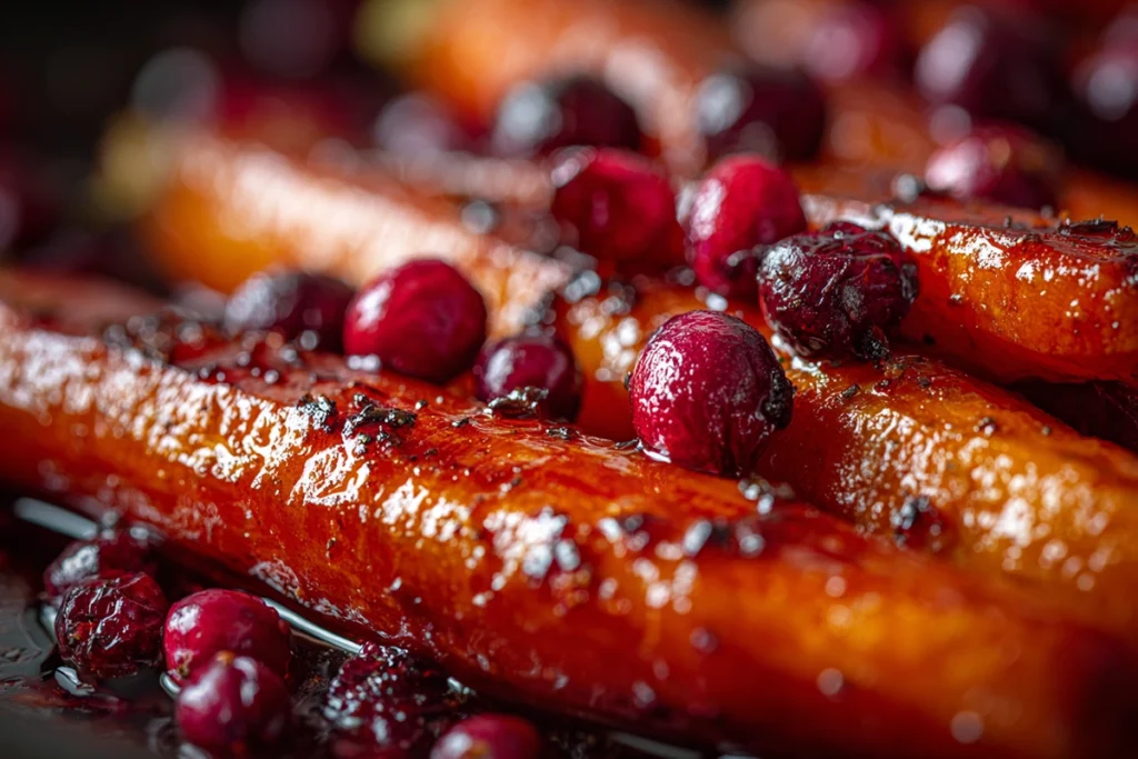 Maple Roasted Carrots with Cranberries – A Sweet and Savory Holiday Favorite 10 Close-up of caramelized maple roasted carrots with cranberries and glaze texture