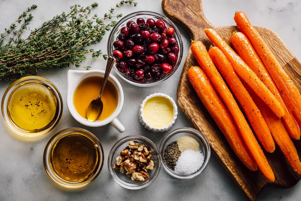 Maple Roasted Carrots with Cranberries – A Sweet and Savory Holiday Favorite 8 Overhead shot of ingredients for maple roasted carrots with cranberries on a white countertop