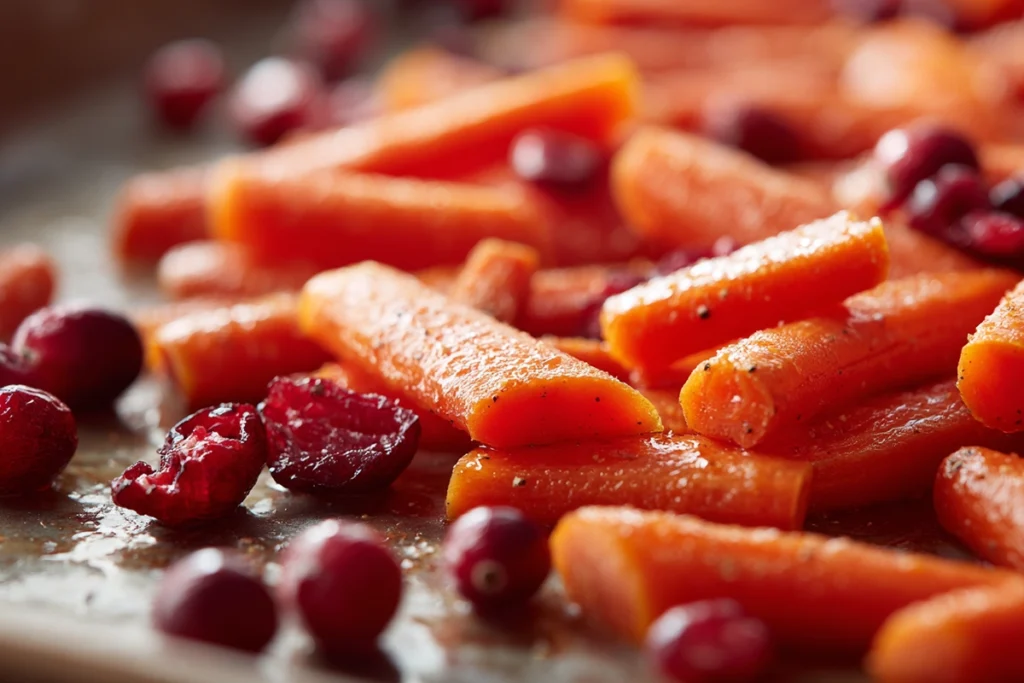 Maple Roasted Carrots with Cranberries – A Sweet and Savory Holiday Favorite 9 Carrots and cranberries coated in maple glaze on a baking tray before roasting