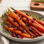 Maple Roasted Carrots with Cranberries – A Sweet and Savory Holiday Favorite 7 Maple roasted carrots with cranberries served on a white plate in a modern kitchen
