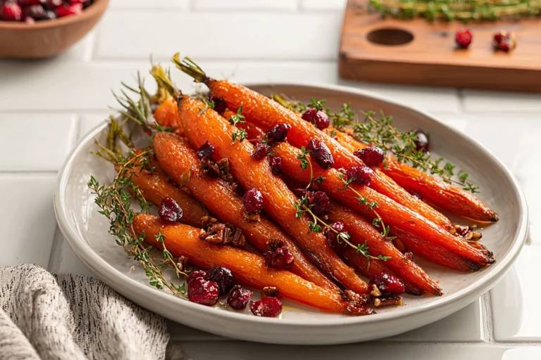 Maple Roasted Carrots with Cranberries – A Sweet and Savory Holiday Favorite 15 Maple roasted carrots with cranberries served on a white plate in a modern kitchen