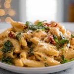 creamy marry me pasta with sun-dried tomato sauce and fresh basil in modern kitchen
