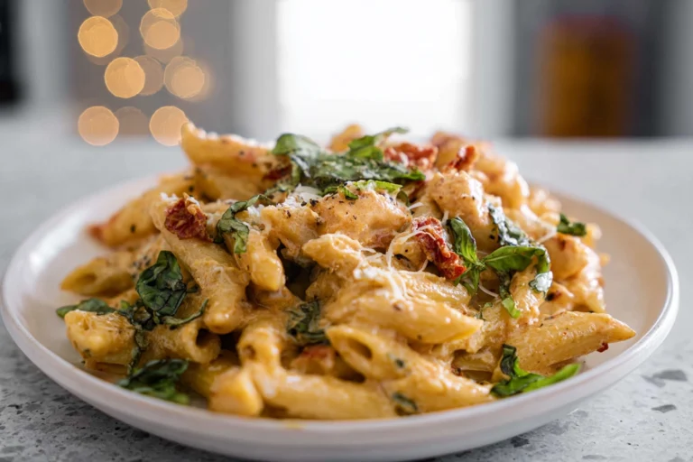 creamy marry me pasta with sun-dried tomato sauce and fresh basil in modern kitchen