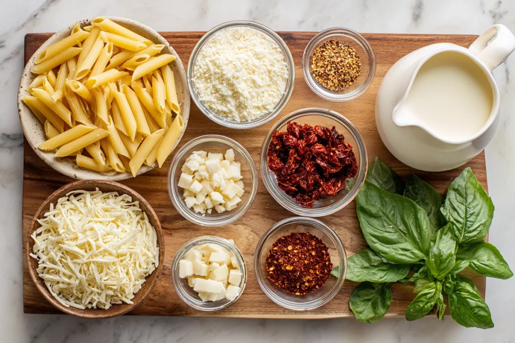 overhead shot of marry me pasta ingredients including penne, cream, sun-dried tomatoes, Parmesan, and basil