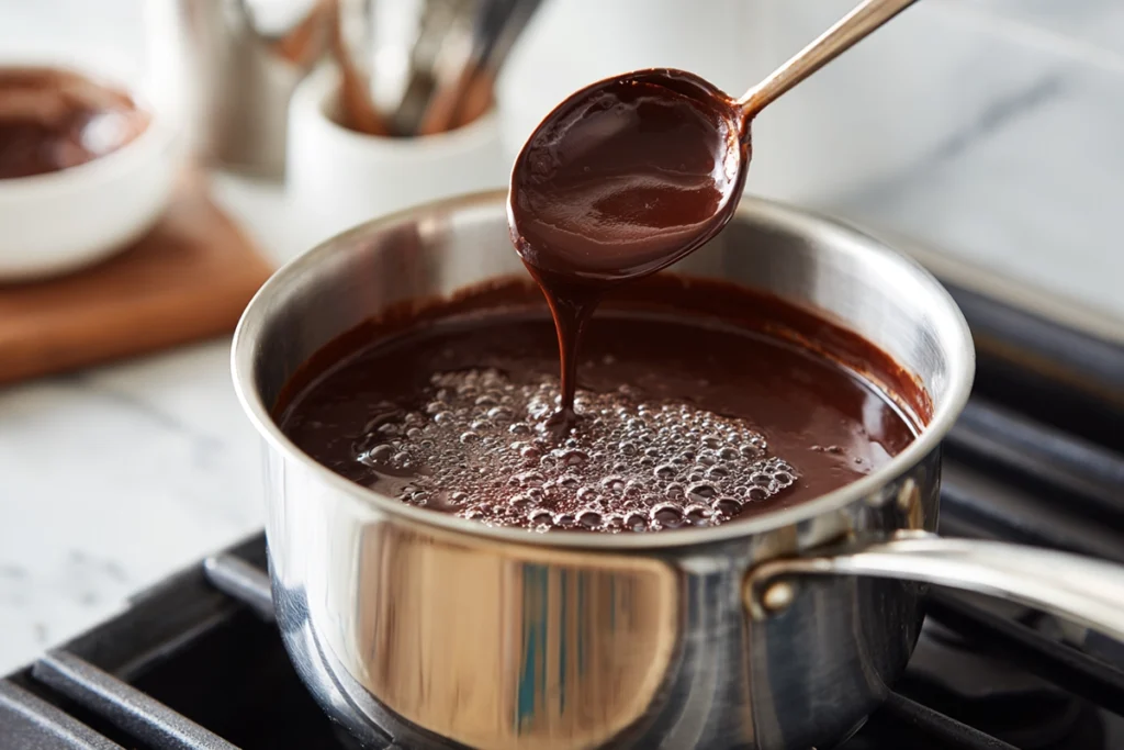 The Best Marshmallow Fluff Fudge: Smooth, Creamy, and Foolproof Every Time 9 Boiling chocolate mixture for marshmallow fluff fudge in saucepan under daylight