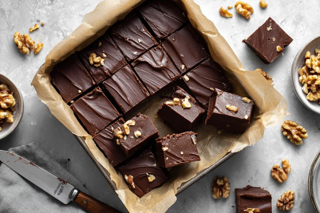 The Best Marshmallow Fluff Fudge: Smooth, Creamy, and Foolproof Every Time 11 Overhead shot of cooled marshmallow fluff fudge being sliced on parchment paper