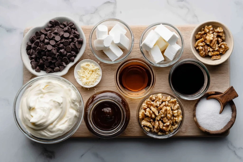 The Best Marshmallow Fluff Fudge: Smooth, Creamy, and Foolproof Every Time 8 Overhead shot of marshmallow fluff fudge ingredients arranged in bowls on a kitchen counter