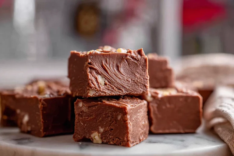 Stack of creamy marshmallow fluff fudge squares on a plate in a modern kitchen