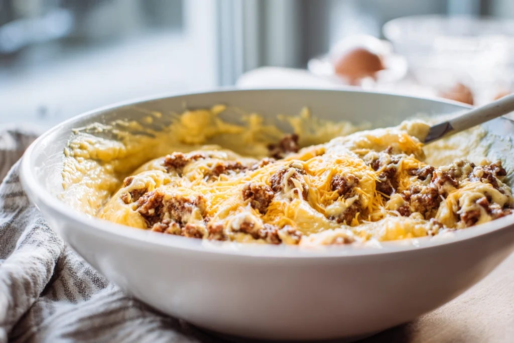 Irresistible McGriddle Bites: Sweet and Savory Breakfast Magic 7 close-up 8k image of mcgriddle bites batter with sausage and cheddar in mixing bowl